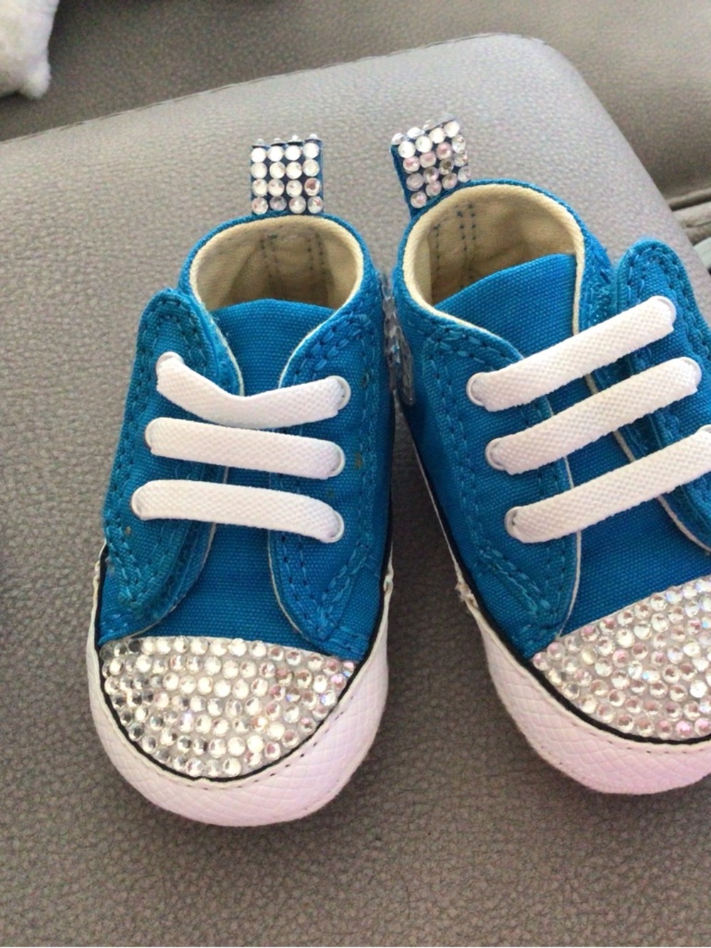 Converse White Baby Slip-Ons with Blue Rhinestones